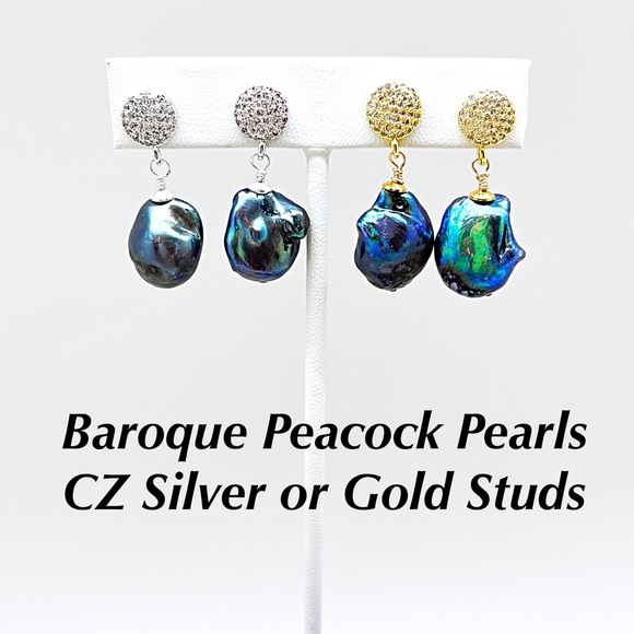 CZ Baroque Black Peacock Pearl Stud Dangles, Gold or Silver, Ships in Gift Box - Picture 1 of 10
